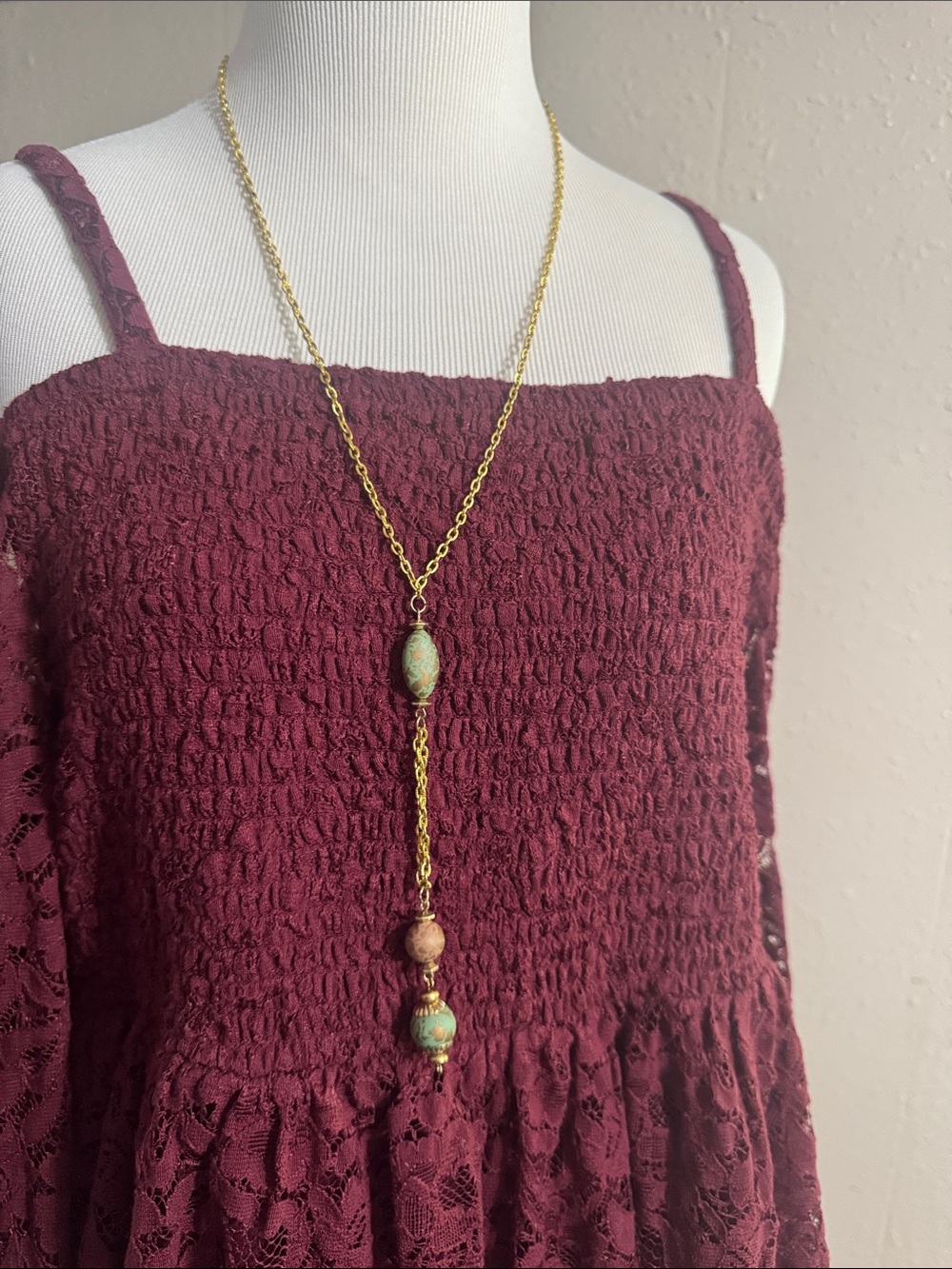 Vintage Gold-Tone Long Pendant Necklace with Turquoise Beads - Women Jewelry
